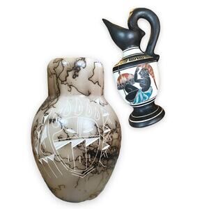 Handmade Navajo Horsehair Vase Signed and Museum Replica Greek Vase Handpainted
